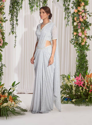 Nidhika Shekhar-Silver Draped Shimmer Sari With Blouse-INDIASPOPUP.COM