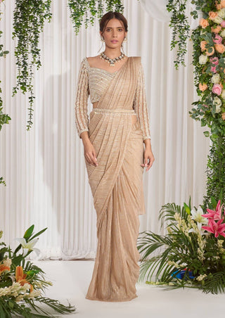 Nidhika Shekhar-Golden Draped Shimmer Sari Set-INDIASPOPUP.COM