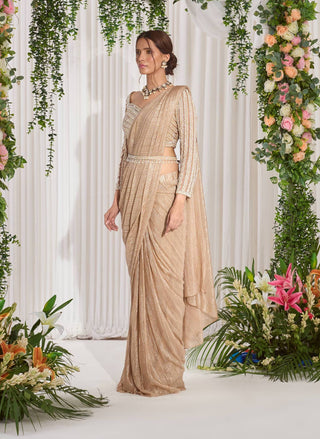 Nidhika Shekhar-Golden Draped Shimmer Sari Set-INDIASPOPUP.COM