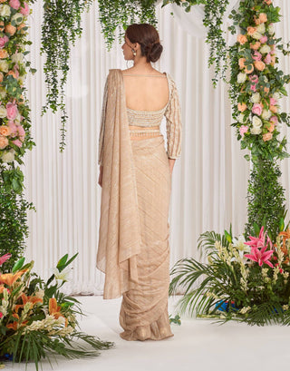 Nidhika Shekhar-Golden Draped Shimmer Sari Set-INDIASPOPUP.COM