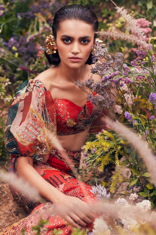 Aisha Rao-Fiery Red Crop Top With Skirt-INDIASPOPUP.COM