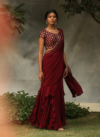 Nidhika Shekhar-Maroon Draped Emebllished Saree Set-INDIASPOPUP.COM