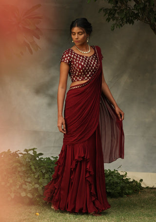 Nidhika Shekhar-Maroon Draped Emebllished Saree Set-INDIASPOPUP.COM