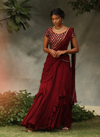 Nidhika Shekhar-Maroon Draped Emebllished Saree Set-INDIASPOPUP.COM