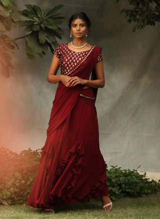 Nidhika Shekhar-Maroon Draped Emebllished Saree Set-INDIASPOPUP.COM