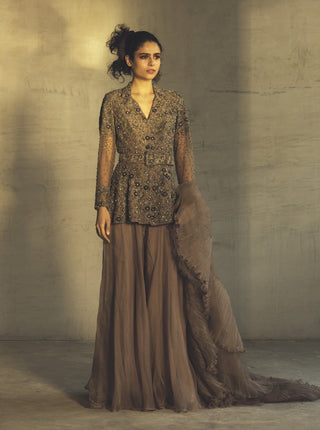 Parul And Preyanka-Taupe Top With Sharara & Dupatta-INDIASPOPUP.COM