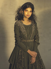 Parul And Preyanka-Olive Anarkali With Dupatta & Belt-INDIASPOPUP.COM