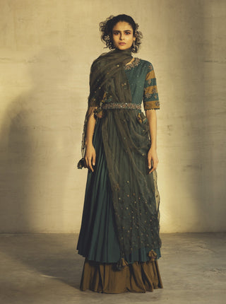 Parul And Preyanka-Teal Anarkali With Jacket & Belt-INDIASPOPUP.COM