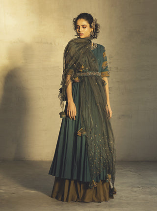 Parul And Preyanka-Teal Anarkali With Jacket & Belt-INDIASPOPUP.COM