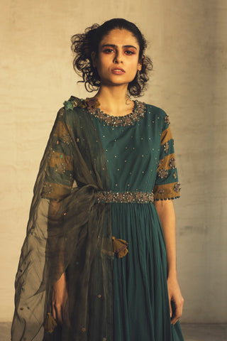 Parul And Preyanka-Teal Anarkali With Jacket & Belt-INDIASPOPUP.COM