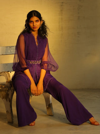 Parul And Preyanka-Purple Top With Pants & Belt-INDIASPOPUP.COM