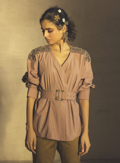 Parul And Preyanka-Dusty Pink Cotton Shirt With Belt-INDIASPOPUP.COM