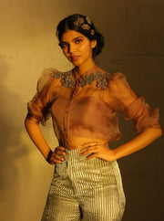Parul And Preyanka-Dusty Rose Floral Organza Shirt-INDIASPOPUP.COM