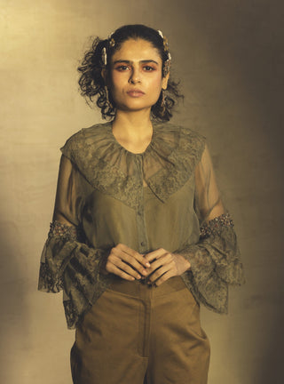 Parul And Preyanka-Olive Lace Detail Floral Shirt-INDIASPOPUP.COM