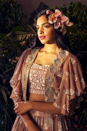 Bhumika Sharma - Beige Embroidered Cape & Skirt Set - INDIASPOPUP.COM