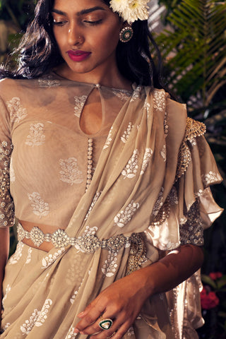 Bhumika Sharma - Light Beige Embroidered Saree Set - INDIASPOPUP.COM