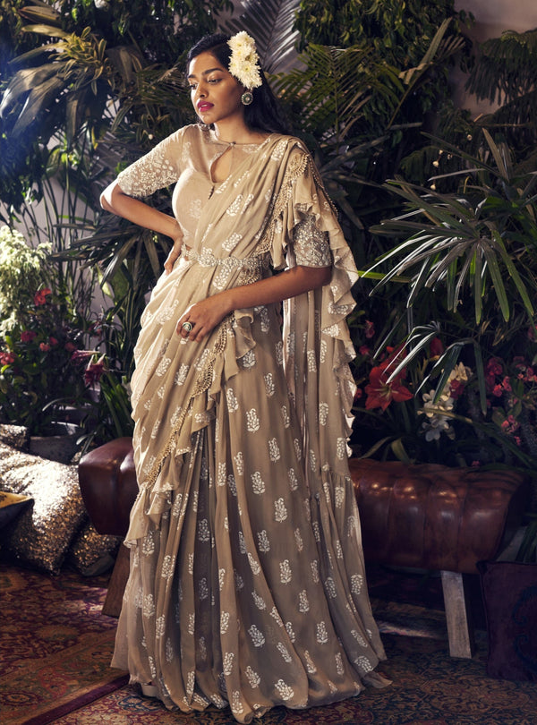 Bhumika Sharma - Light Beige Embroidered Saree Set - INDIASPOPUP.COM