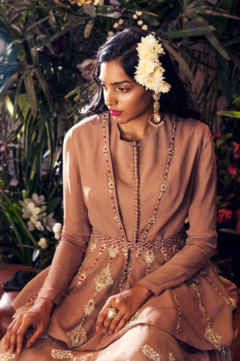Bhumika Sharma - Beige Embroidered Anarkali Jacket Set - INDIASPOPUP.COM