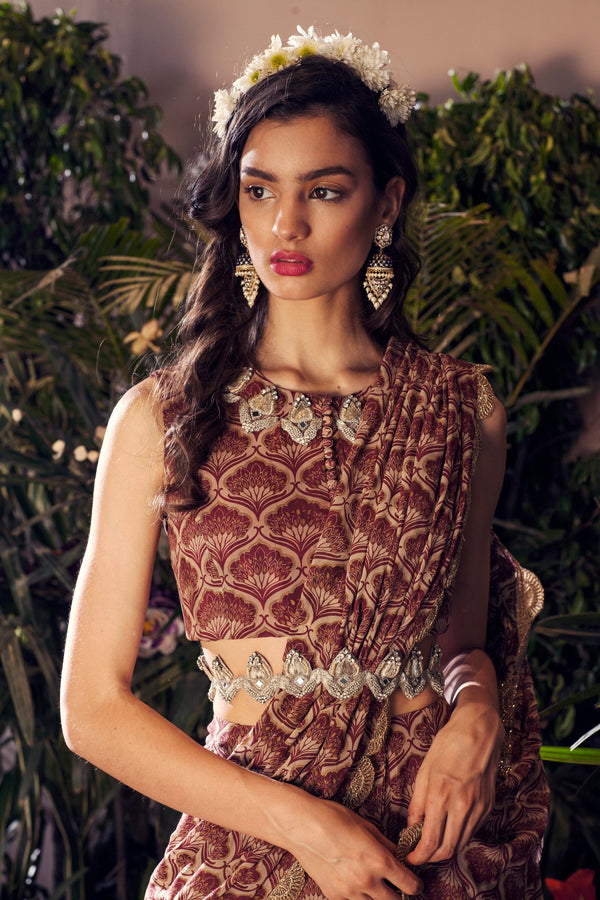 Bhumika Sharma - Maroon & Beige Embroidered Saree - INDIASPOPUP.COM