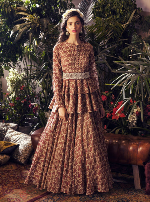 Bhumika Sharma - Maroon & Beige Peplum Anarkali With Belt - INDIASPOPUP.COM