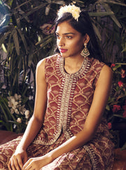 Bhumika Sharma - Marsala & Beige Long Cape With Skirt - INDIASPOPUP.COM