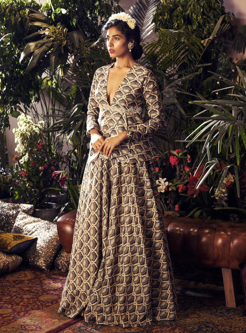 Bhumika Sharma - Blue & Beige Hem Top With Skirt - INDIASPOPUP.COM