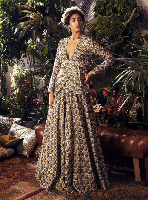 Bhumika Sharma - Blue & Beige Hem Top With Skirt - INDIASPOPUP.COM