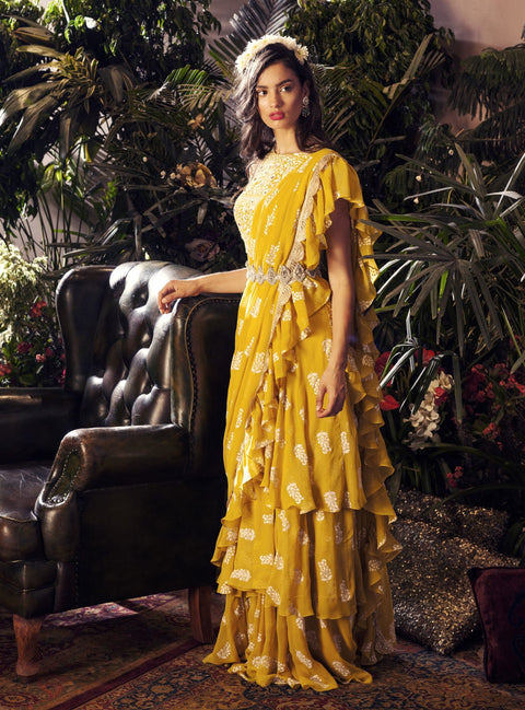 Bhumika Sharma - Yellow Layered Ruffle Saree - INDIASPOPUP.COM