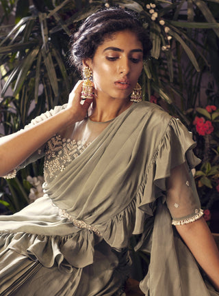 Bhumika Sharma - Sage Green Ruffle Saree - INDIASPOPUP.COM