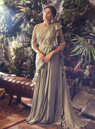 Bhumika Sharma - Sage Green Ruffle Saree - INDIASPOPUP.COM