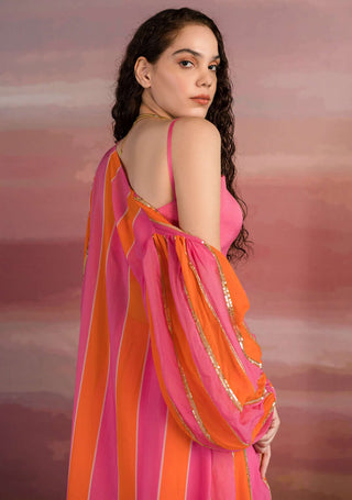 Ease-Orange Pink Striped Jacket With Bralette And Palazzo-INDIASPOPUP.COM