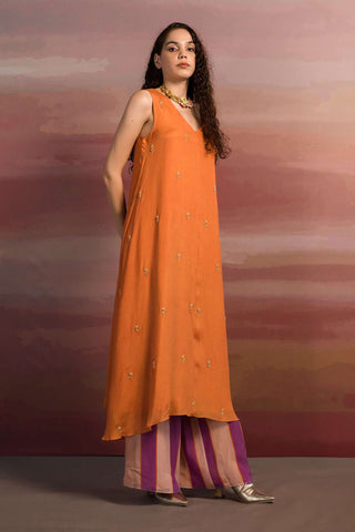 Ease-Rust Embroidered Kurta And Striped Pant-INDIASPOPUP.COM