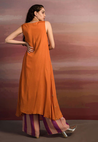 Ease-Rust Embroidered Kurta And Striped Pant-INDIASPOPUP.COM