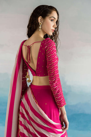 Ease-Pink Striped Palazzo Sari With Blouse-INDIASPOPUP.COM