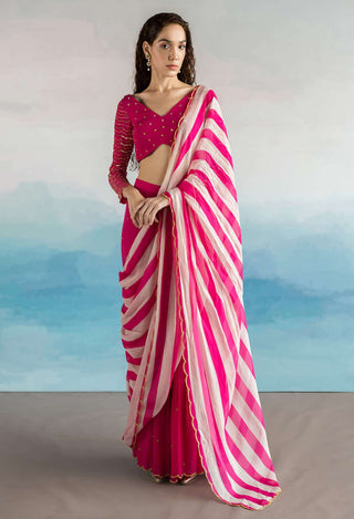 Ease-Pink Striped Palazzo Sari With Blouse-INDIASPOPUP.COM