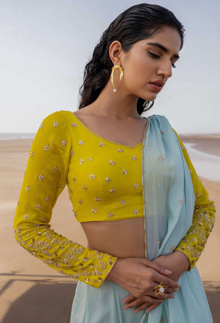 Ease-Mint Blue Embroidered Sari With Blouse-INDIASPOPUP.COM