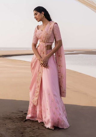 Ease-Baby Pink Floral Embroidered Lehenga Sari Set-INDIASPOPUP.COM
