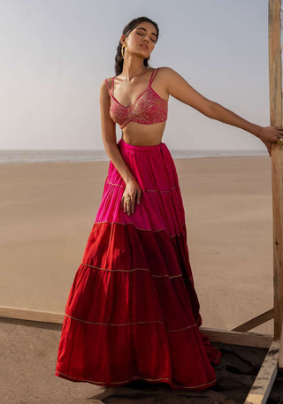 Ease-Pink Red Pleated Lehenga Set-INDIASPOPUP.COM