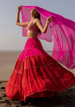 Ease-Pink Red Pleated Lehenga Set-INDIASPOPUP.COM