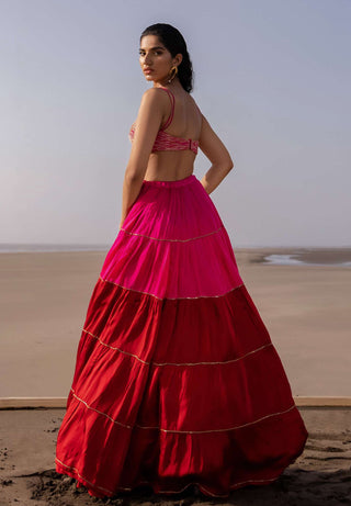 Ease-Pink Red Pleated Lehenga Set-INDIASPOPUP.COM