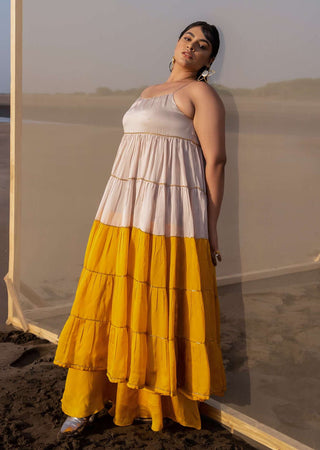 Ease-Ivory Mustard Tiered Dress And Palazzo-INDIASPOPUP.COM
