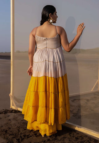 Ease-Ivory Mustard Tiered Dress And Palazzo-INDIASPOPUP.COM