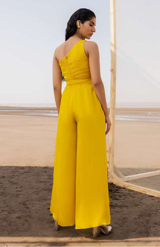 Ease-Mango Yellow One Shoulder Jumpsuit-INDIASPOPUP.COM