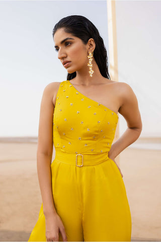 Ease-Mango Yellow One Shoulder Jumpsuit-INDIASPOPUP.COM