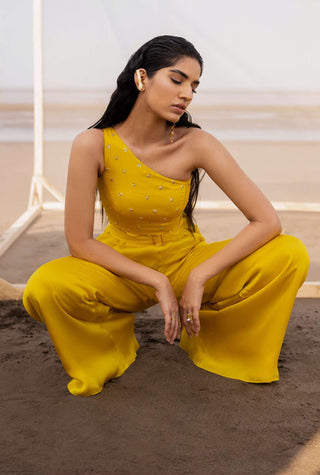 Ease-Mango Yellow One Shoulder Jumpsuit-INDIASPOPUP.COM