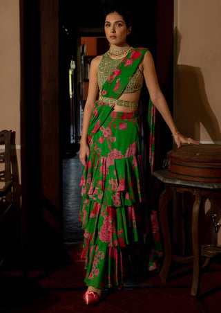 Paulmi & Harsh-Green Full Bloom Printed Sari Set-INDIASPOPUP.COM