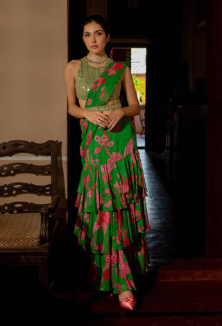 Paulmi & Harsh-Green Full Bloom Printed Sari Set-INDIASPOPUP.COM