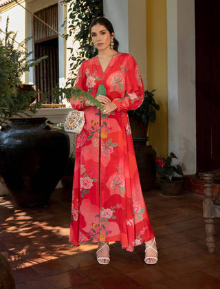 Paulmi & Harsh-Red Romantic Floral Maxi Dress With Pants-INDIASPOPUP.COM