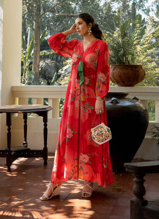 Paulmi & Harsh-Red Romantic Floral Maxi Dress With Pants-INDIASPOPUP.COM