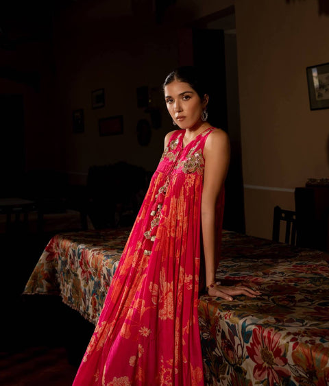 Paulmi & Harsh | Pink Floral Printed Maxi Dress | INDIASPOPUP.COM